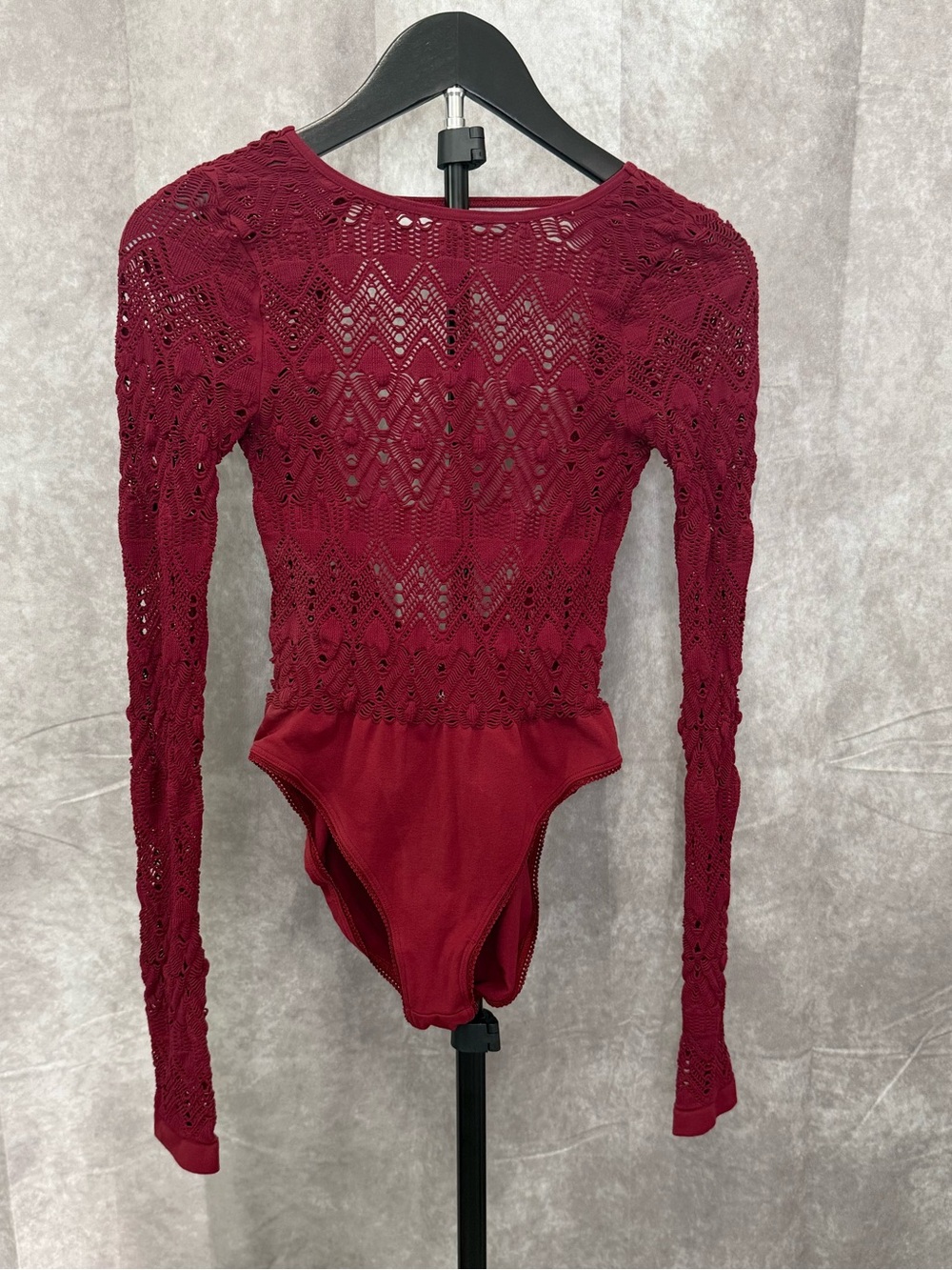 Crochet Long Sleeve Bodysuit in Wine - Women's Knit Bodysuit